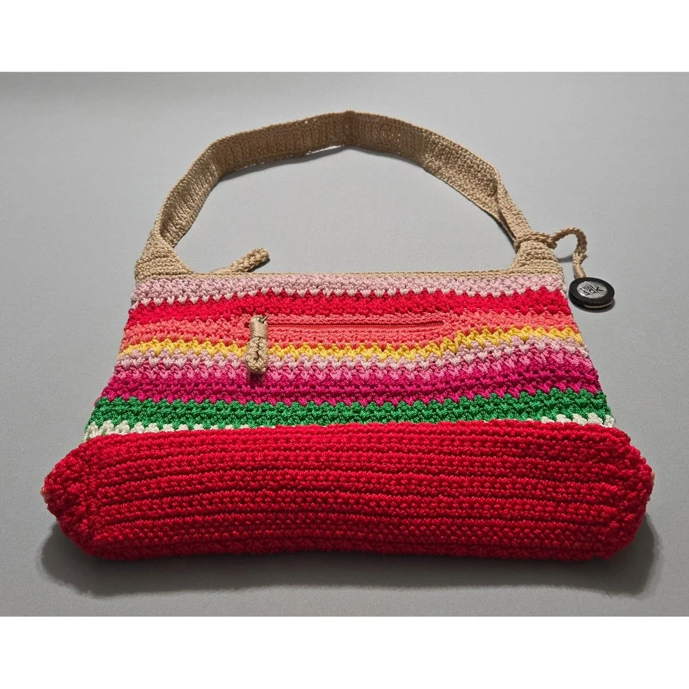 The Sak Crochet Shoulder Bag Multicolor Rainbow Striped Purse Zips Knit